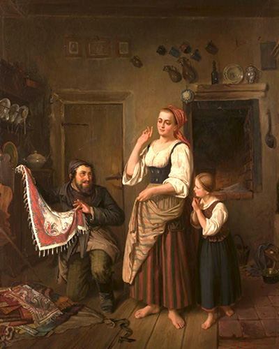 Gemälde: Händler zeigt Frau mit Tochter in der Stube bunte Tücher -1860