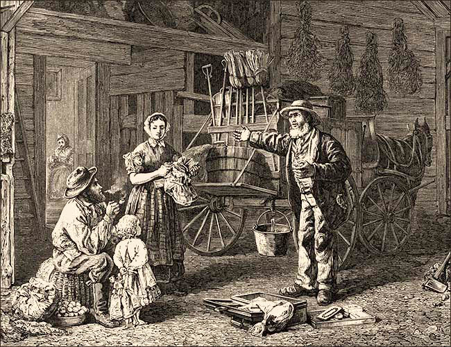 Holzstich: Reisehändler mit Pferdewagen zeigt Bauernfamilie seine Waren - 1868, USA