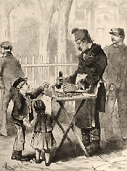 getuschte Zeichnung: Junge mit kleiner Schwester kauft Nougat - 1873, Österreich