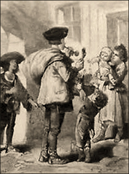 getuschte Zeichnung: Spielzeugverkäufer umringt von Kindern und Frauen - 1873, Österreich