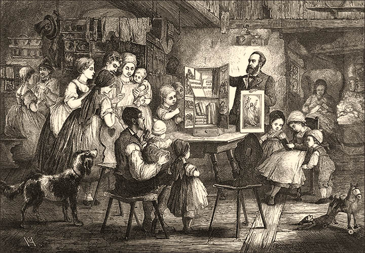 Holzstich: Händler zeigt um Tisch versammelter Großfamilie Heiligenbilder - 1876