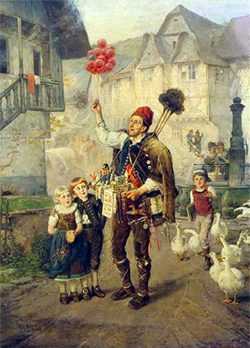 Gemälde: Hausierer hält rote Luftballons hoch und wird auf Straße von Kindern und Gänsen umringt - 1882