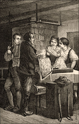 Holzstich: zwei Frauen begutachten an Stubentisch Tücher von Hausirer - 1885