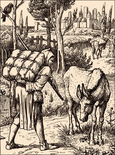 Holzschnitt: Esel wartet von Händler beladen zu werden -1886