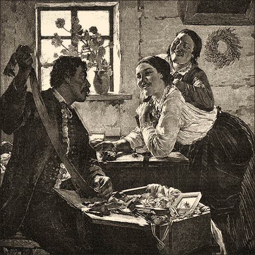 Holzstich: zwei Frauen verhandeln in Stube mit Bänder- und Schmuckkrämer über eine Brosche - 1888