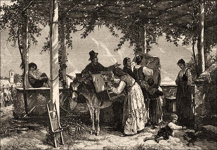 Holzstich: reisender Händler mit Esel bietet im Baumschatten verschiedene Waren an - 1888