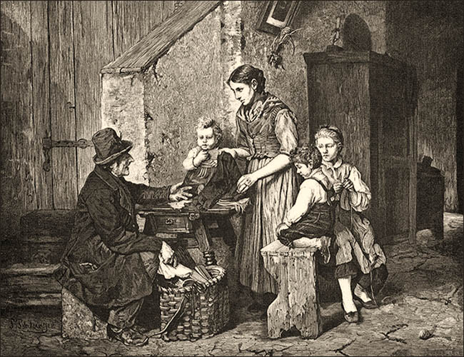 Holzstich: alter Mann zeigt Landfrau mit drei Kindern Waren aus seinem Tragekorb - 1893