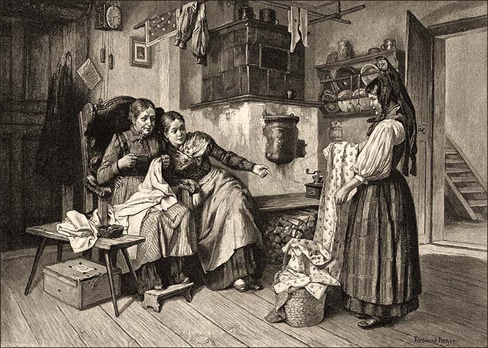 Litho: Hausiererin bietet zwei am Ofen sitzenden Frauen günstige Bettwäsche an - 1893