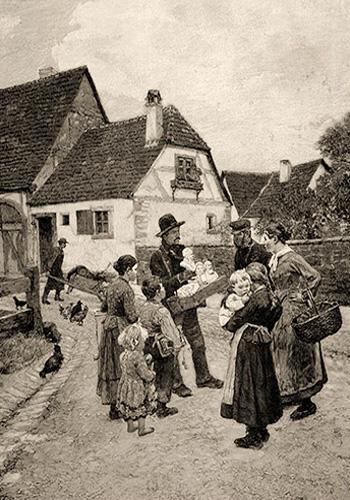 sw Gemäldefoto: Händler bietet Leuten auf Dorfstraße Gipsbüsten an - 1896
