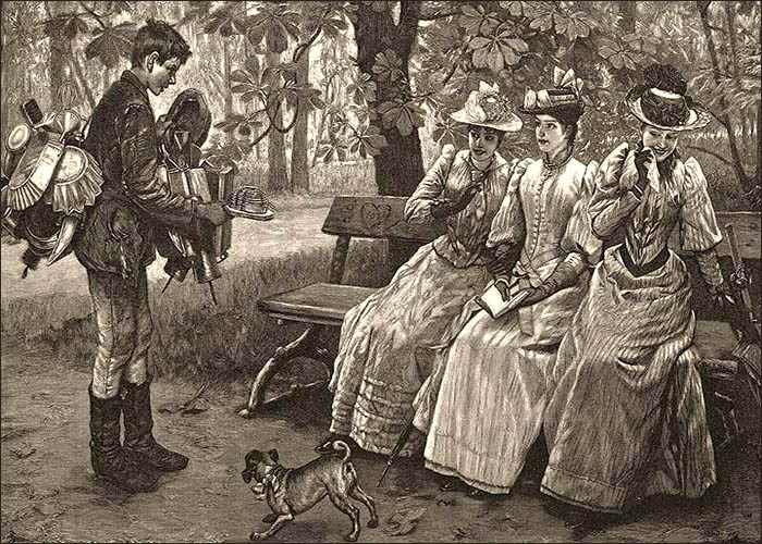 Holzstich: junger Blechkramhändler bietet drei Wiener Ladys auf Parkbank eine Mausefalle an - 1896