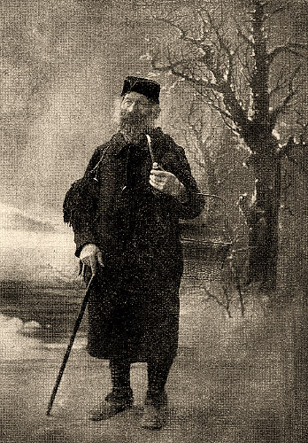 sw Gemäldefoto: Hottinger Tabakpfeife rauchend mit Gehstock unterwegs in Winterlandschaft - 1908