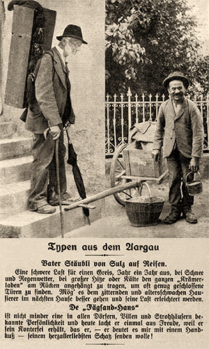 sw Foto: Stäubli mit Rückenschränkchen und Fägesand mit Handwagen - 1909, Aargau