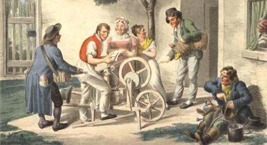 Farblitho: Wiener Wanderarbeiter in Aktion vor Hauseingang - 1820