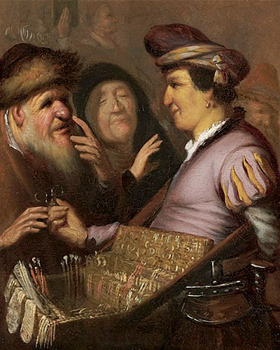 Gemälde: Händler mit Kneiferbrillen im Bauchladen, die er älteren Leuten anbietet - 1625