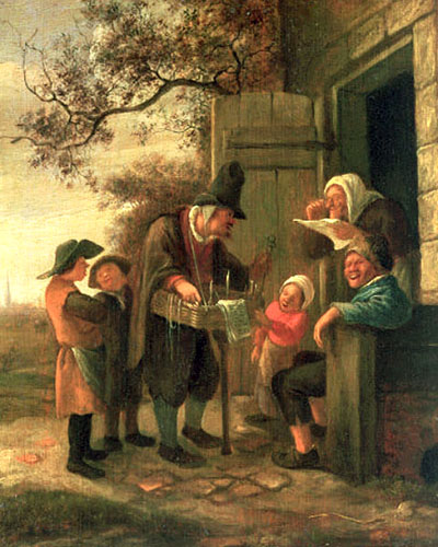 Gemälde: holländischer Wanderhändler vor einer Hütte, umringt von Frauen und Kindern - 1650