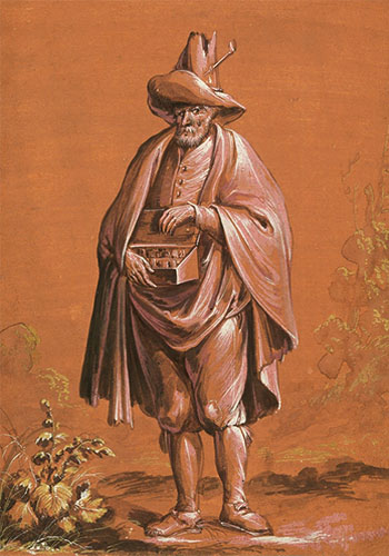 Gemälde: Mann mit Umhang, großem Schhlapphut und kleinem Bauchladen - 1690