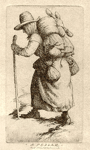 Radierung: engl. Hausiererin mit Warenbündel auf dem Rücken - 1850