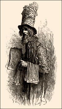 Zeichnung: großer Händler mit mehreren Hüten übereinander und Schals über'm Arm - 1860