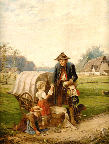 Gemälde: Hund liegt vor Karren auf Wiese am Wegrand, während sich Kinder für Spielkram des Händlers interessieren - 1880