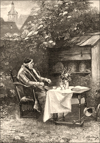 Kupferstich: alter Imker mit langer Pfeife an Tisch neben Bienenstöcken im Garten sitzend