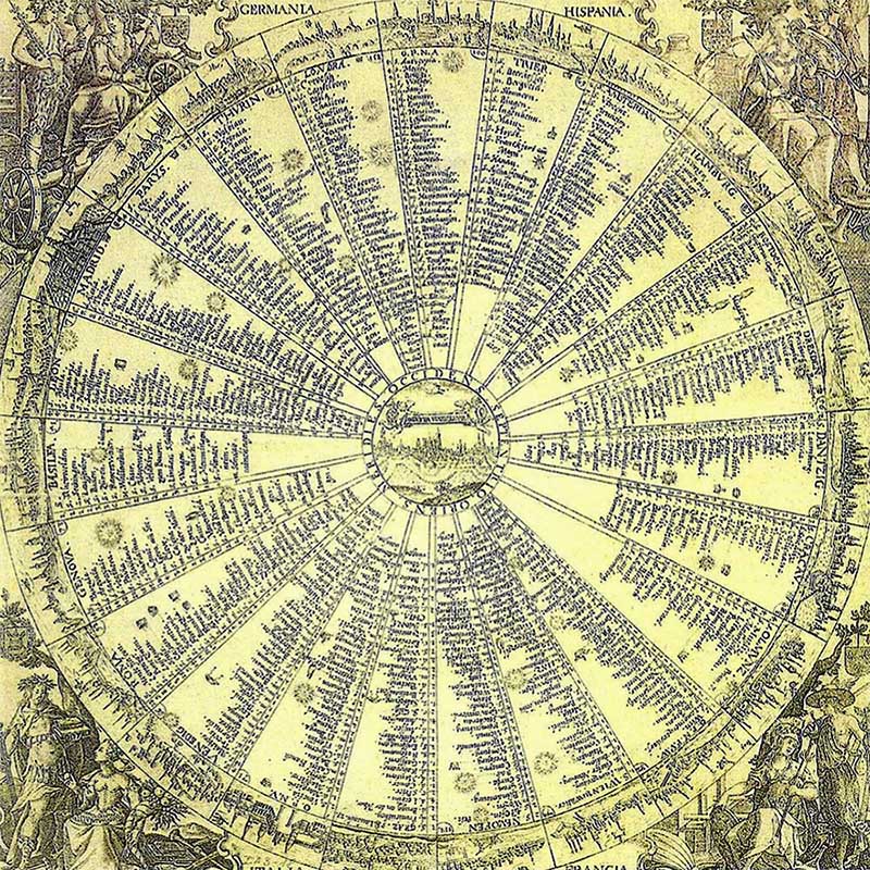 Kupferstich: 23 von Augsburg ausgehende im Kreis angeordnete Hauptpostlinien - 1629