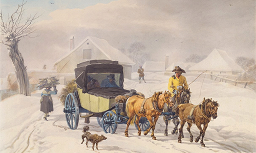 Gemälde: Postkutscher auf einem von drei Pferden führt Kutsche durchSchnee aus Dorf hinaus - 1798