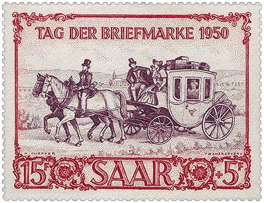 Briefmarke: Postillion reitet auf einem der zwei Kutschpferde