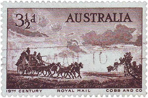 Briefmarke: Überlandfahrt einer Fünfspänner-Postkutsche