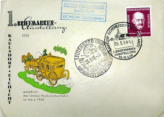 Brief: Umschlag mit Postkutschenbild + Stempel (Durch Postkutsche befördert)