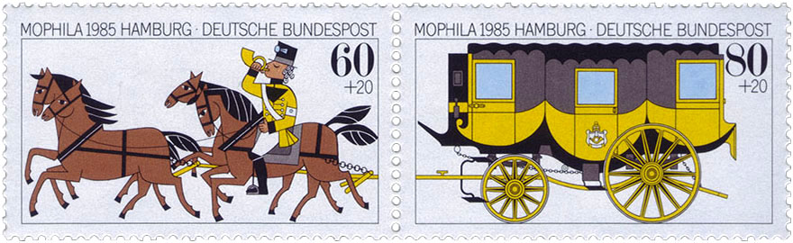 Briefmarken: Postillion auf einem von vier Pferden reitend und histor. Kutsche