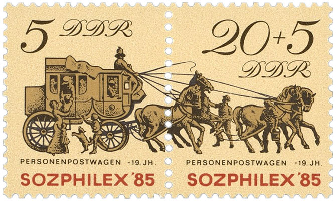 DDR-Briefmarken: während Kutsche hält, bringen zwei Männer Wasser für die Pferde