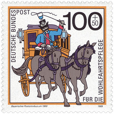 Briefmarke: Postillion mit Peitsche auf Kutschbock einer Langkutsche
