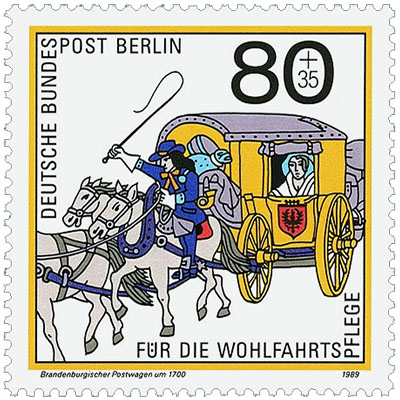 Briefmarke: Postillion mit Peitsche auf einem der Pferden vor Wagen reitend