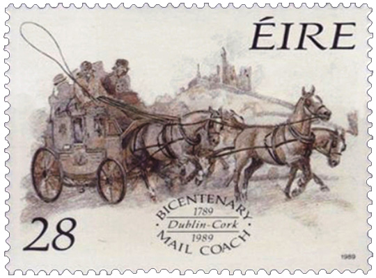Briefmarke: Vierspänner-Postkutsche passiert Burg auf Anhöhe