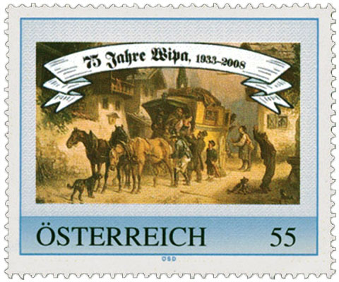 Briefmarke: Postkutsche kommt in einem Dorf an