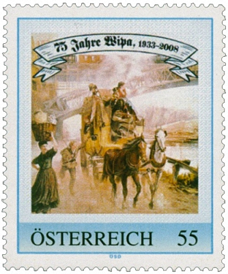 Briefmarke: Postkutsche unter Eisenbahnbrücke