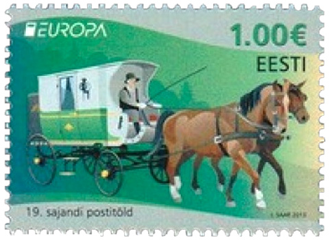 Briefmarke: grün-weiße Zweispänner Postkutsche