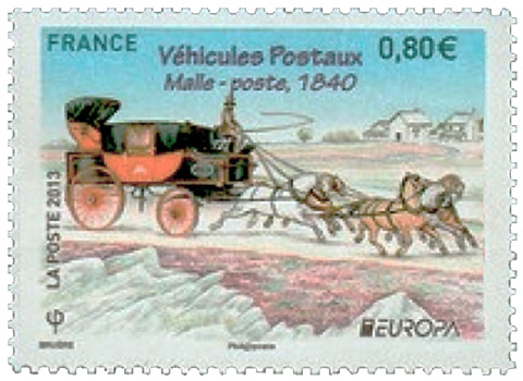 Briefmarke: rot-schwarze Fünfspänner Postkutsche