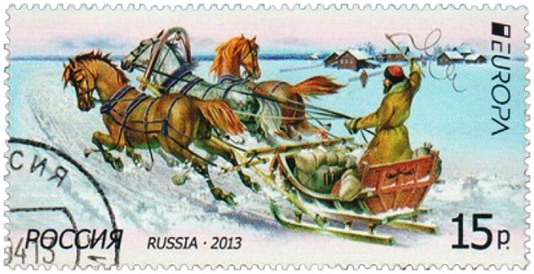 Briefmarke: Troikragefährt mit Kufen unterwegs in Winterlandschaft