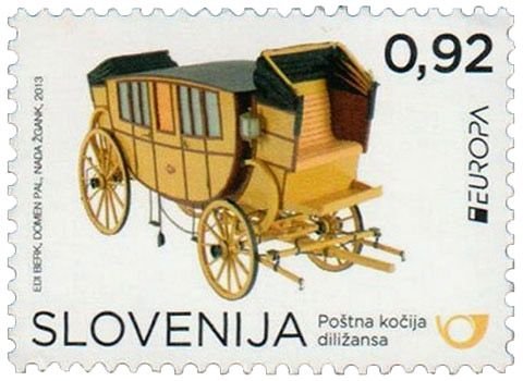 Briefmarke: gelbe Postkutsche mit großer Reisekabine
