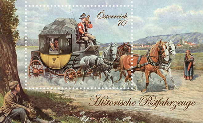 Briefmarke: Vierspänner-Postkutsche mit Fahrgästen