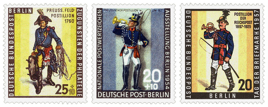 Briefmarken: drei Preussische Postillione in blau-roter Uniform