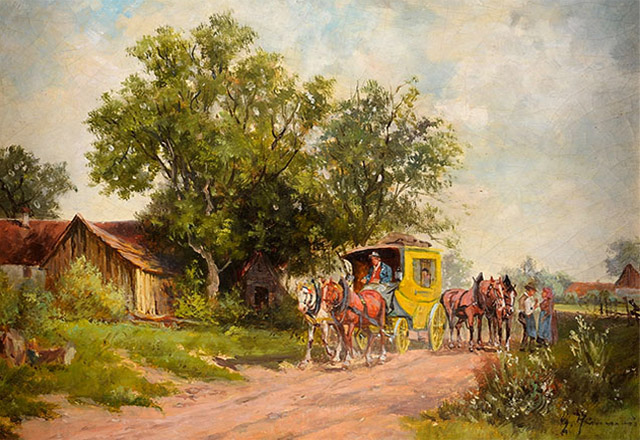 Gemälde: Postkutsche kommt in einem Dorf an