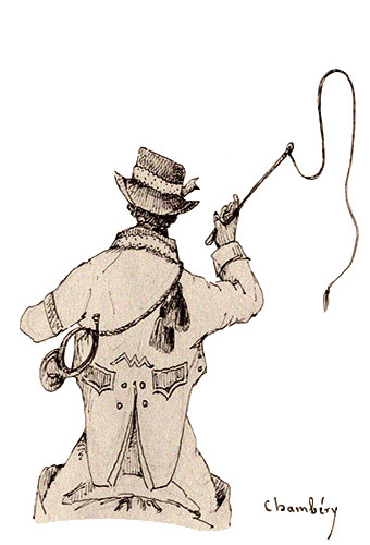 Zeichnung: Postkutscher mit Posthorn und Peitsche von hinten