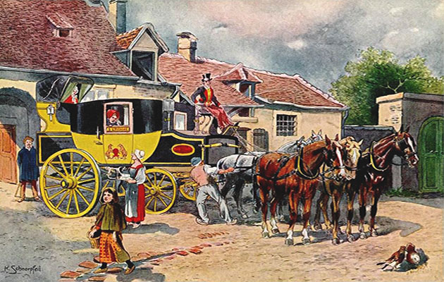 Gemälde: an Posthalterei werden Pferde einer Postkutsche ausgetauscht