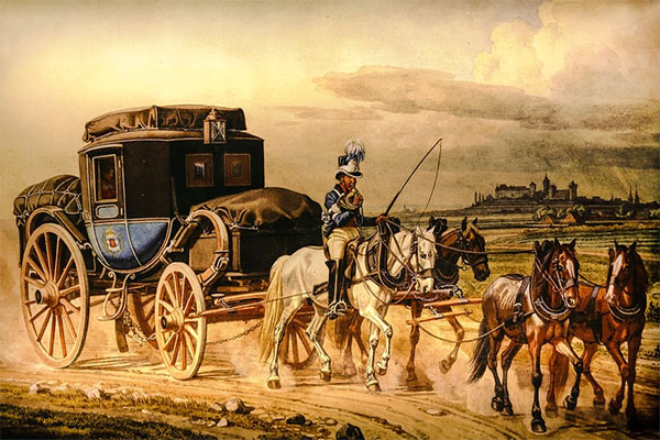 Gemälde: Postillion reitet auf einem der vier vorgespannten Pferde