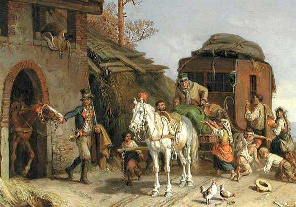 Gemälde: Einspänner-Kutsche erhält frisches Pferd, umlagert von Bettelkindern