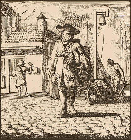 Kupferstich: Bote unterwegs in der Stadt mit Postsack unterm Arm - 1698