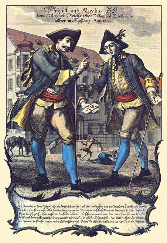 kolorierter Stahlstich + Text: Vater unterweist Sohn im Briefaustragen - 1755
