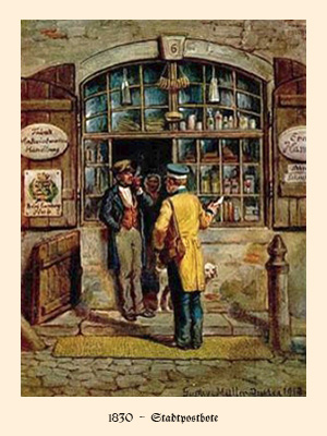 Farblitho: Postbote übergibt Ladeninhaber Brief vor Ladentür - 1830